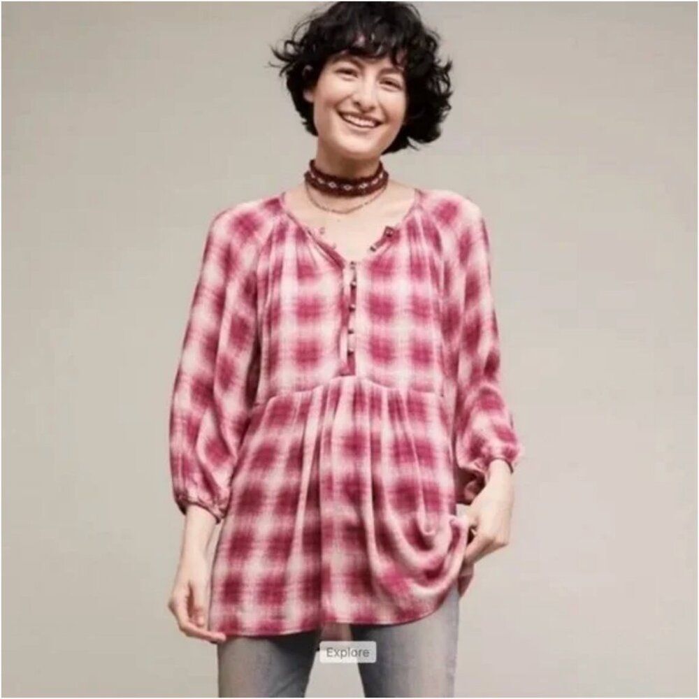 Anthropologie Maeve Cavalon Peplum Red Plaid 3/4 Sleeve top shirt blouse Medium